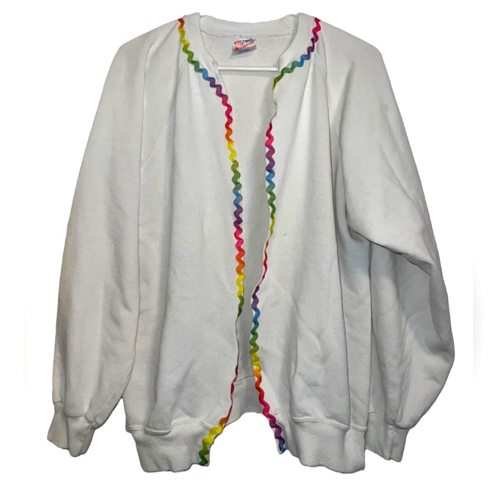Vintage women’s XL Hanes Active Made in USA white open cardigan rainbow ric rac